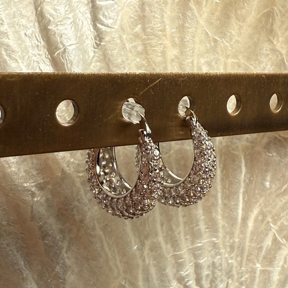 Silver Sparkling Hoop Earrings with Pavé Crystals - Picture 3 of 5
